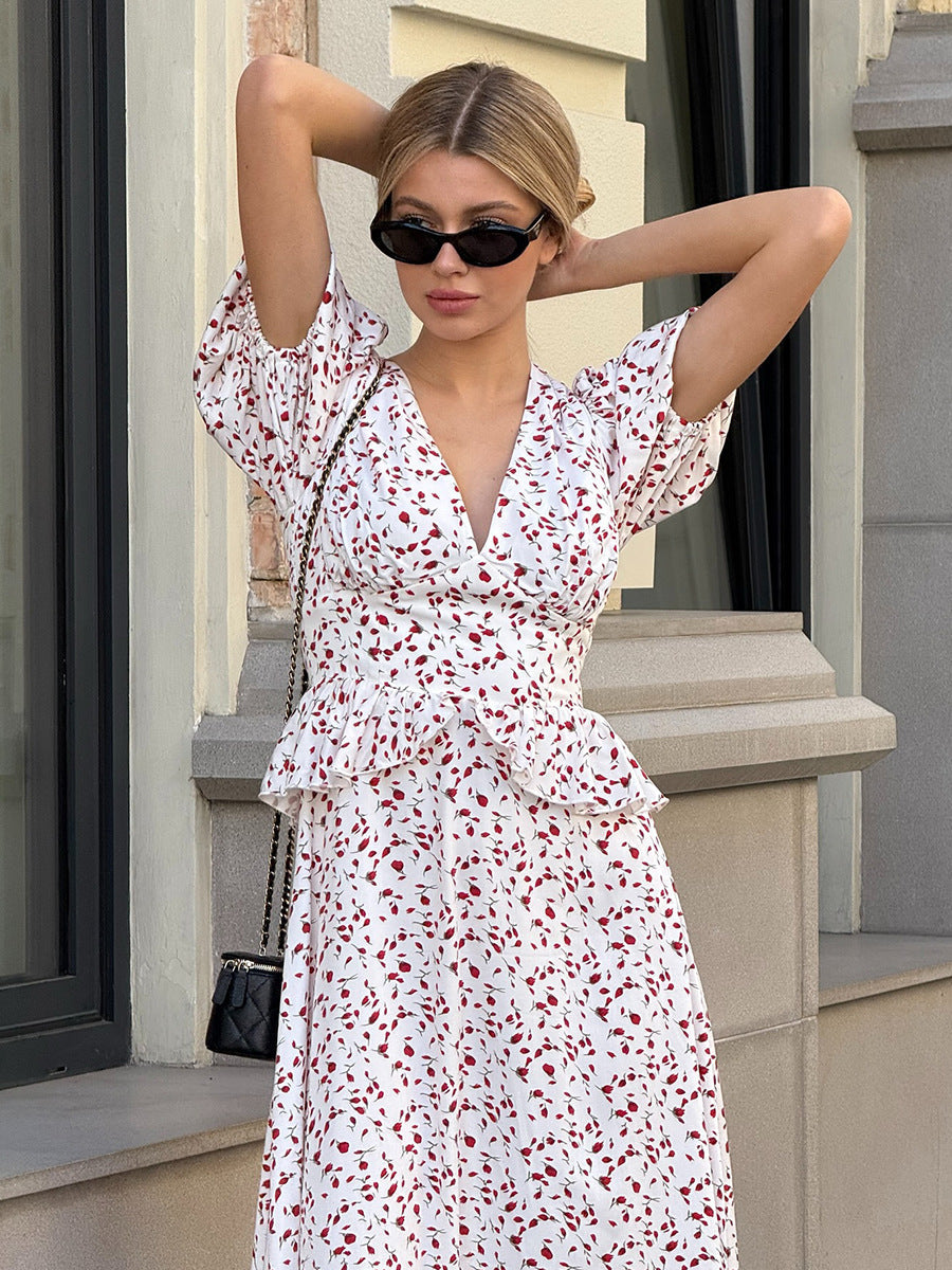 Cardydony Women's Floral V-Neck Maxi Dress | Puff Sleeve White Dress with Slim Waist & Long Flare Skirt