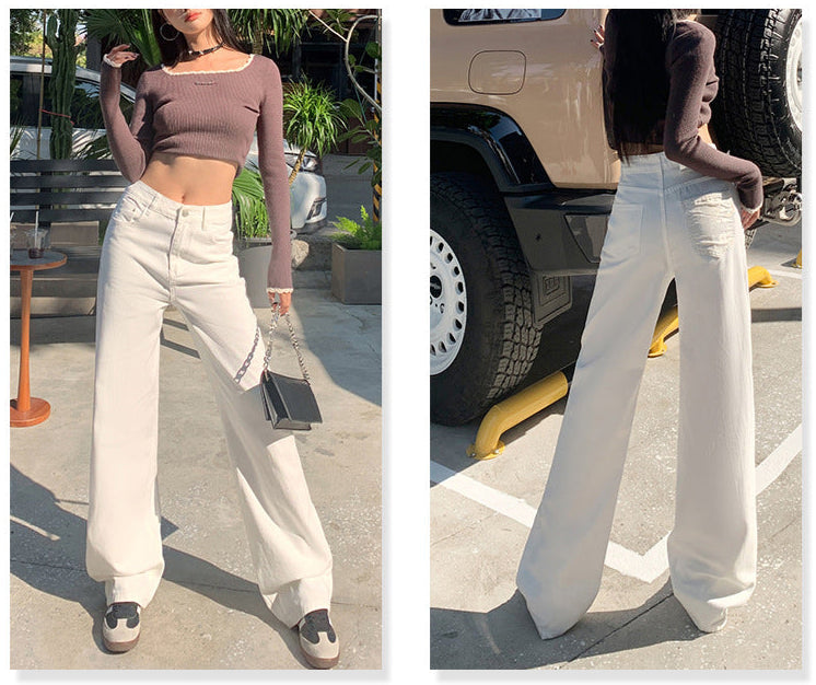 Cardydony Women's White High-Waist Straight-Leg Jeans | Baggy Denim Pants with Pockets for Women