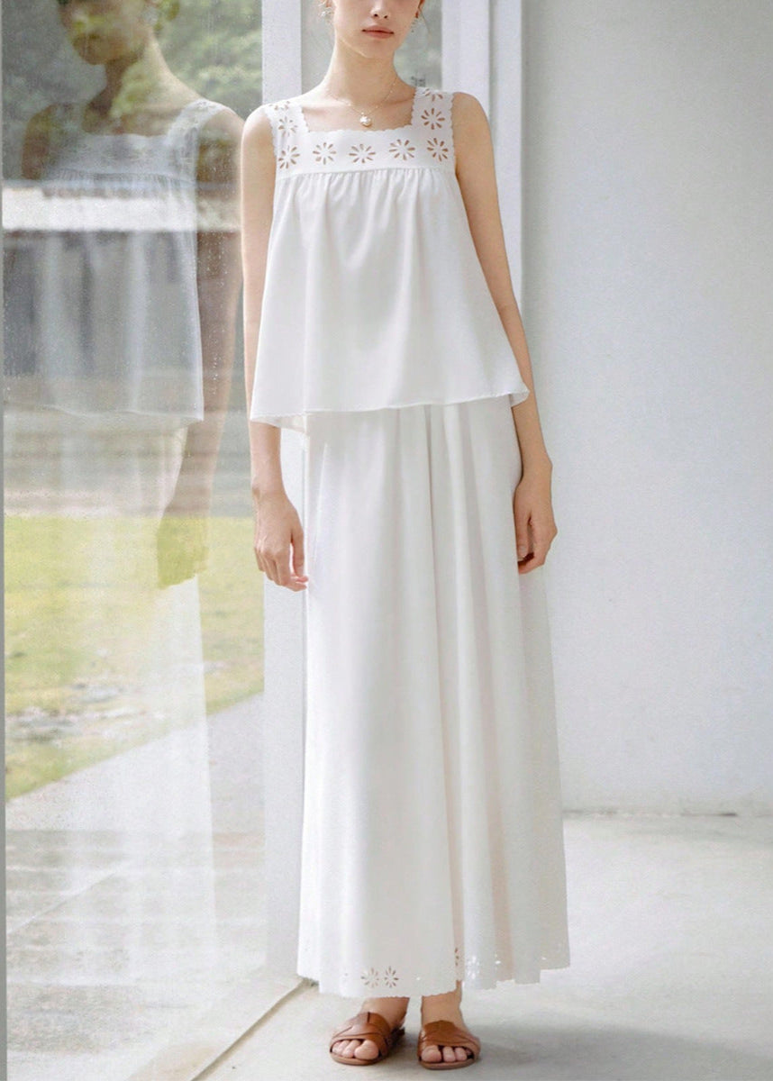 Cardydony Women's White Two Piece Set with Eyelet Cutout Top and Maxi Skirt – Summer Outfit