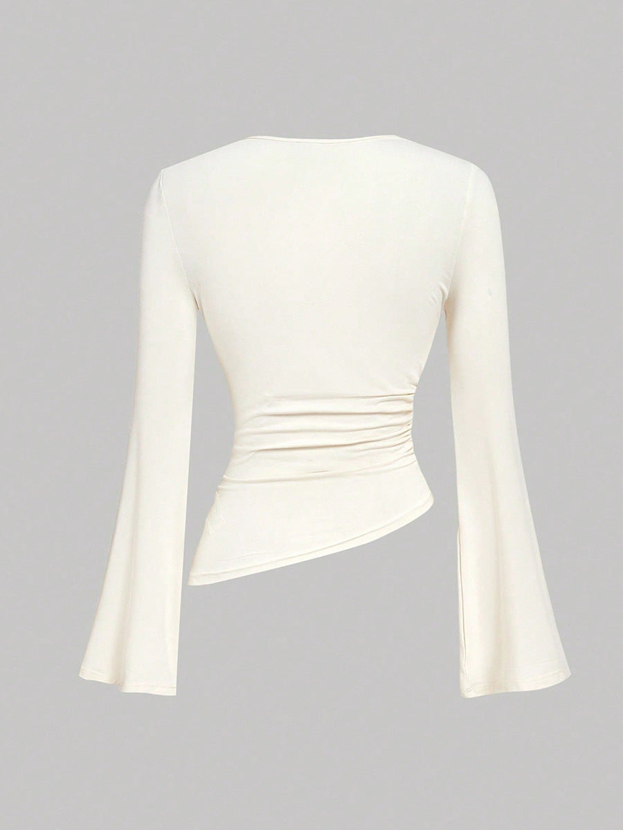 Cardydony Women's Women's Asymmetric Ruched Bell-Sleeve Top – Shirt Long Sleeve Tshirts