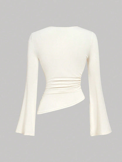 Cardydony Women's Women's Asymmetric Ruched Bell-Sleeve Top – Shirt Long Sleeve Tshirts