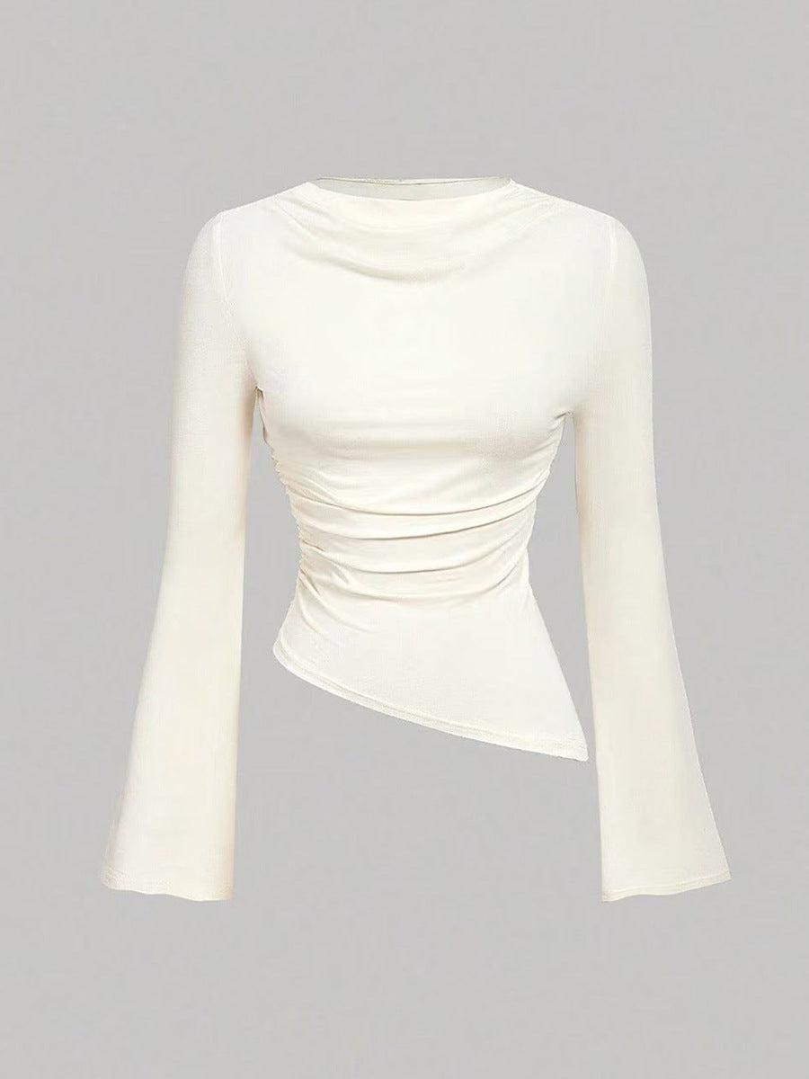 Cardydony Women's Women's Asymmetric Ruched Bell-Sleeve Top – Shirt Long Sleeve Tshirts