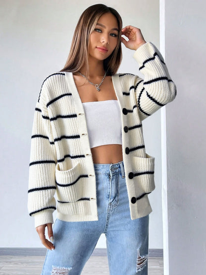 Cardydony Women's White Black Striped Oversized Knit Cardigan – Fall Button Sweater