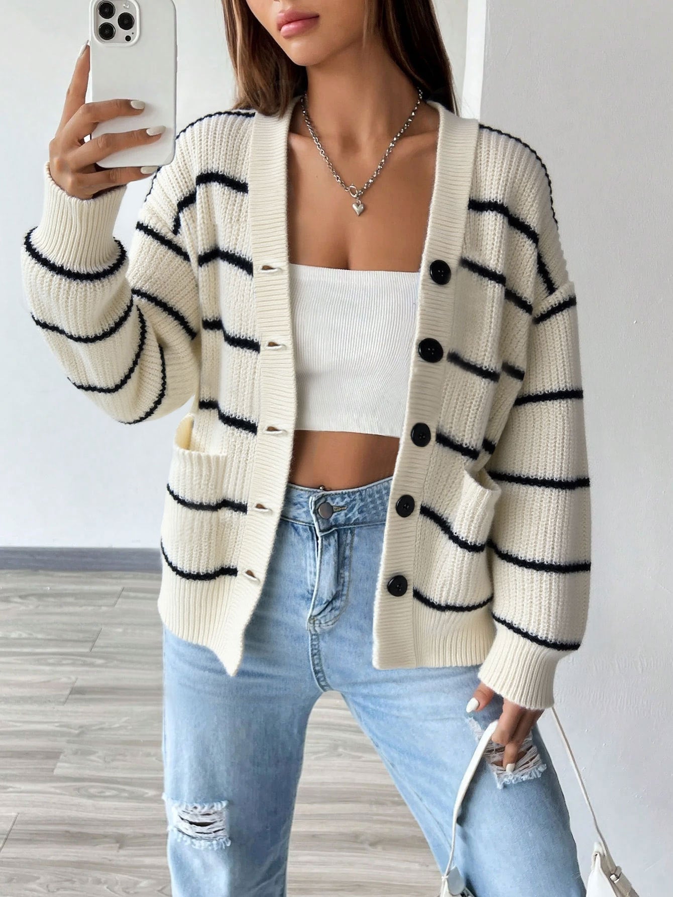 Cardydony Women's White Black Striped Oversized Knit Cardigan – Fall Button Sweater