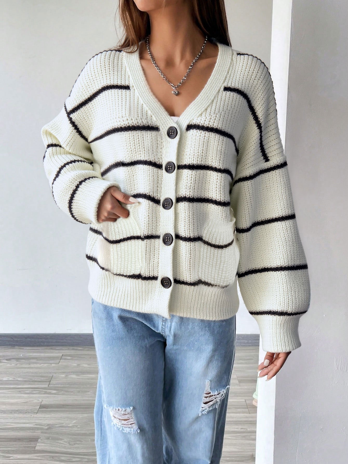 Cardydony Women's White Black Striped Oversized Knit Cardigan – Fall Button Sweater