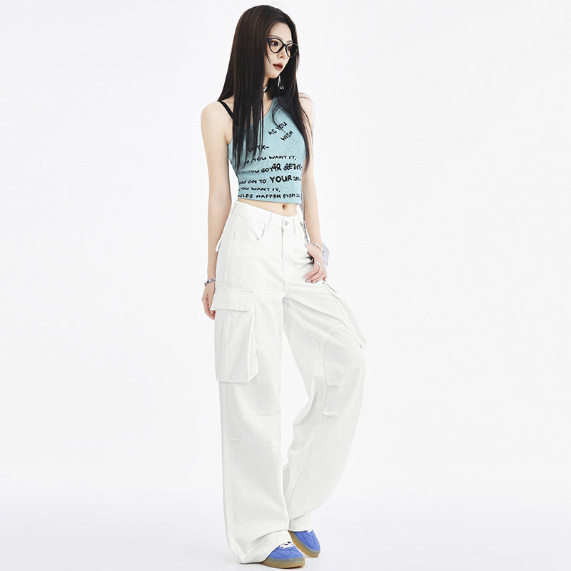 Cardydony Women's White Wide Leg Cargo Jeans – High Waist Loose Fit