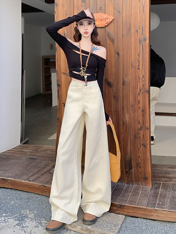 Cardydony Women's Wide Leg Jeans in Khaki & White | High Waist Curved Hem Vintage Trousers