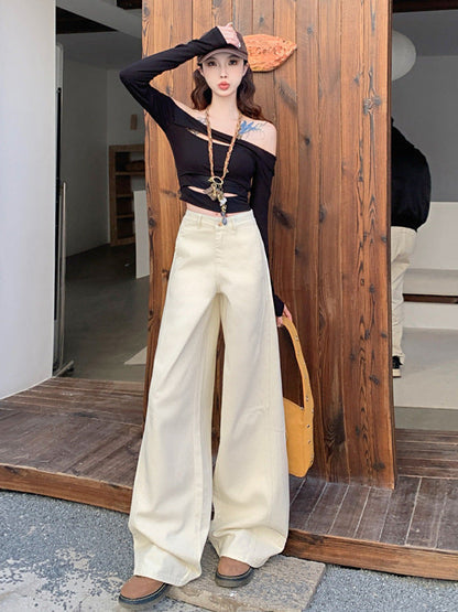 Cardydony Women's Wide Leg Jeans in Khaki & White | High Waist Curved Hem Vintage Trousers