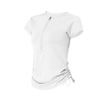 Cardydony Women's Slim Fit Short Sleeve Athletic Top with Zip Up & Drawstring Waist