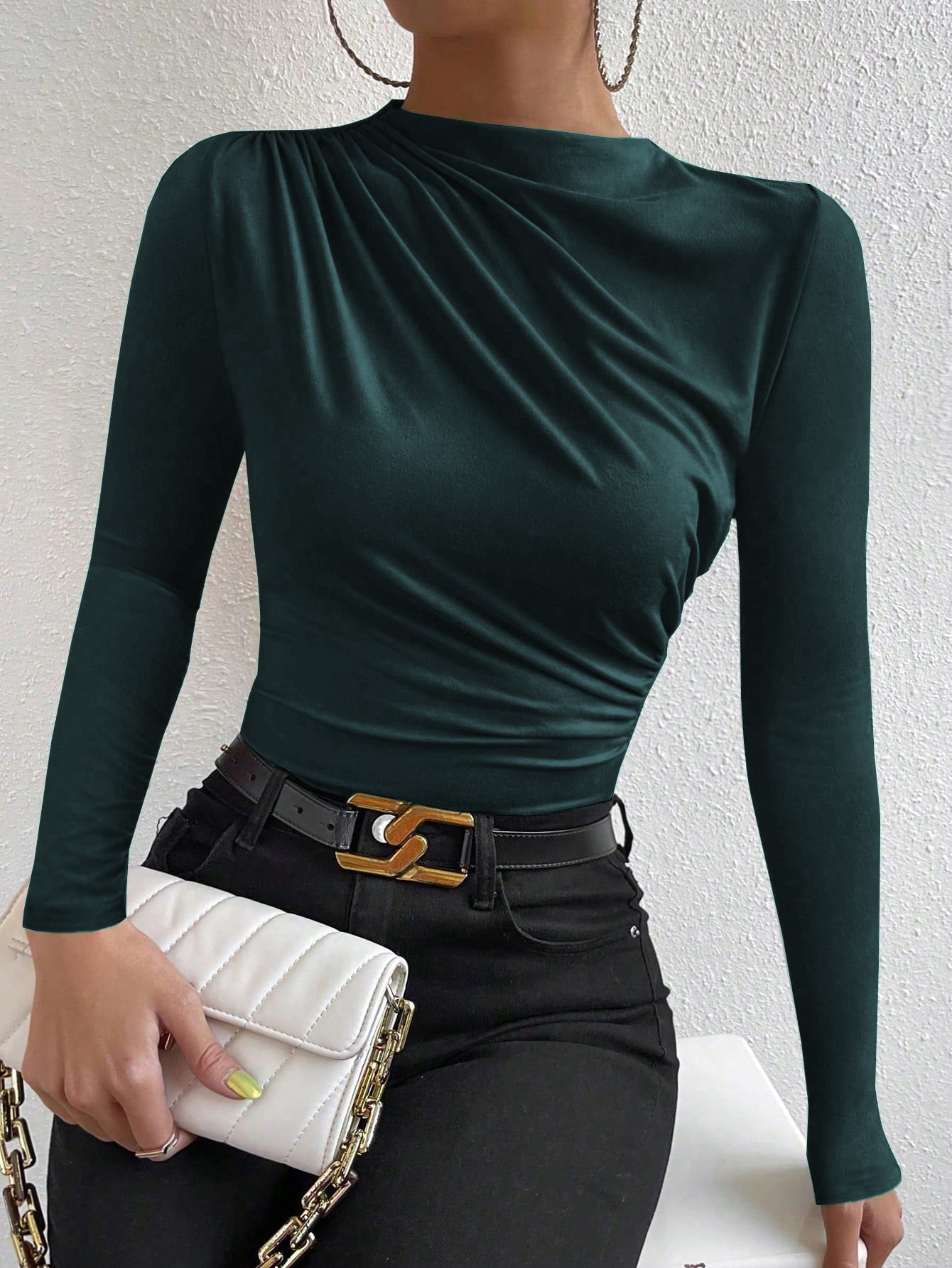 Cardydony Women's Women's Slim Fit Ruched Long Sleeve Top – Draped Crew Neck Shirt