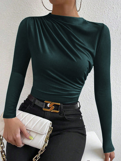 Cardydony Women's Women's Slim Fit Ruched Long Sleeve Top – Draped Crew Neck Shirt
