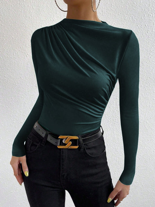 Cardydony Women's Women's Slim Fit Ruched Long Sleeve Top – Draped Crew Neck Shirt