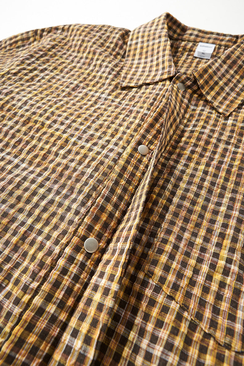 Cardydony Women's Plaid Shirt Oversized Button Up Seersucker Texture Curved Hem – Women's Layer