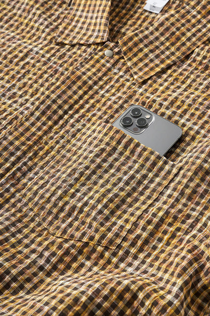 Cardydony Women's Plaid Shirt Oversized Button Up Seersucker Texture Curved Hem – Women's Layer
